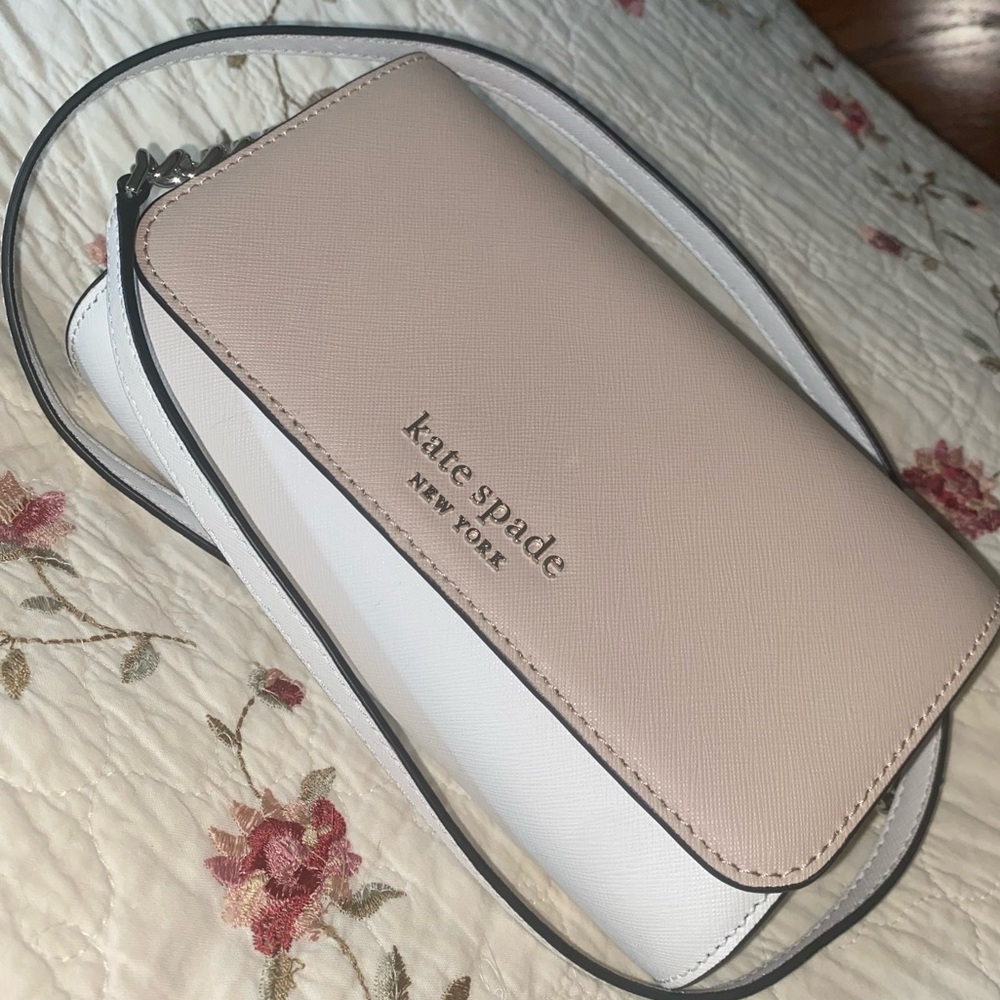 Tan and White Kate Spade Crossbody Purse